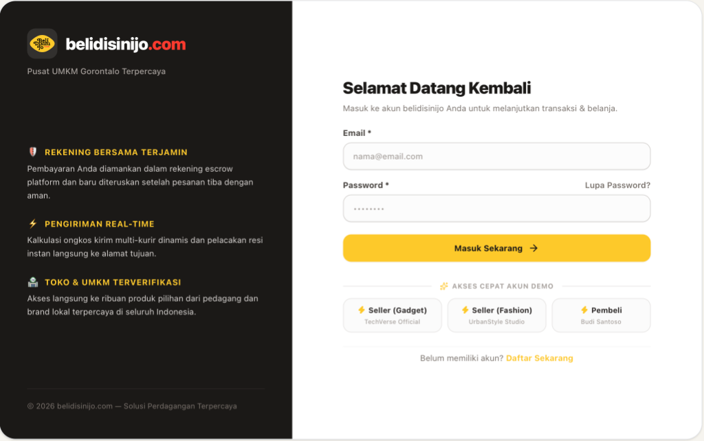 Tampilan Antarmuka Resmi BeliDisiniJo.com: Portal Rekening Bersama & Pusat UMKM Gorontalo Terpercaya